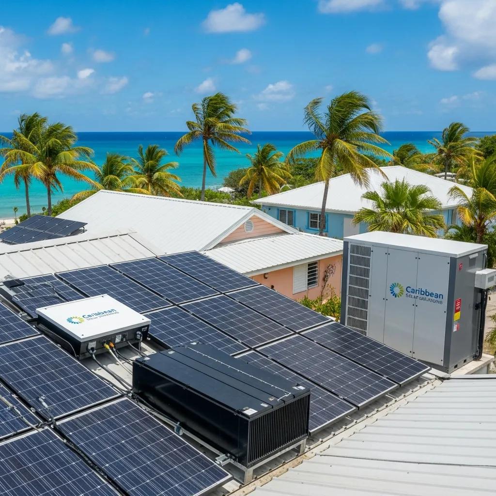 Caribbean home with solar panels and battery storage, highlighting regional energy solutions and incentives