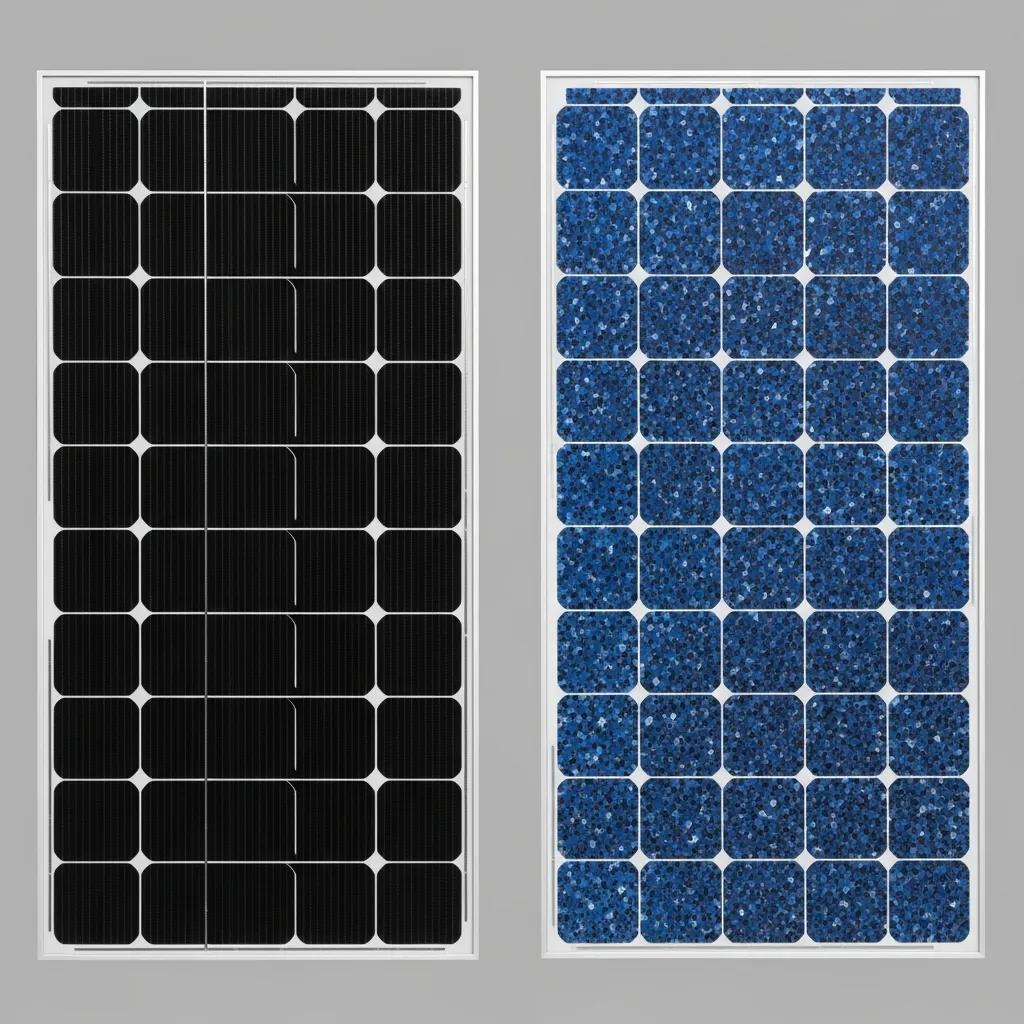 Comparison of monocrystalline and polycrystalline solar panels, highlighting their distinct appearances