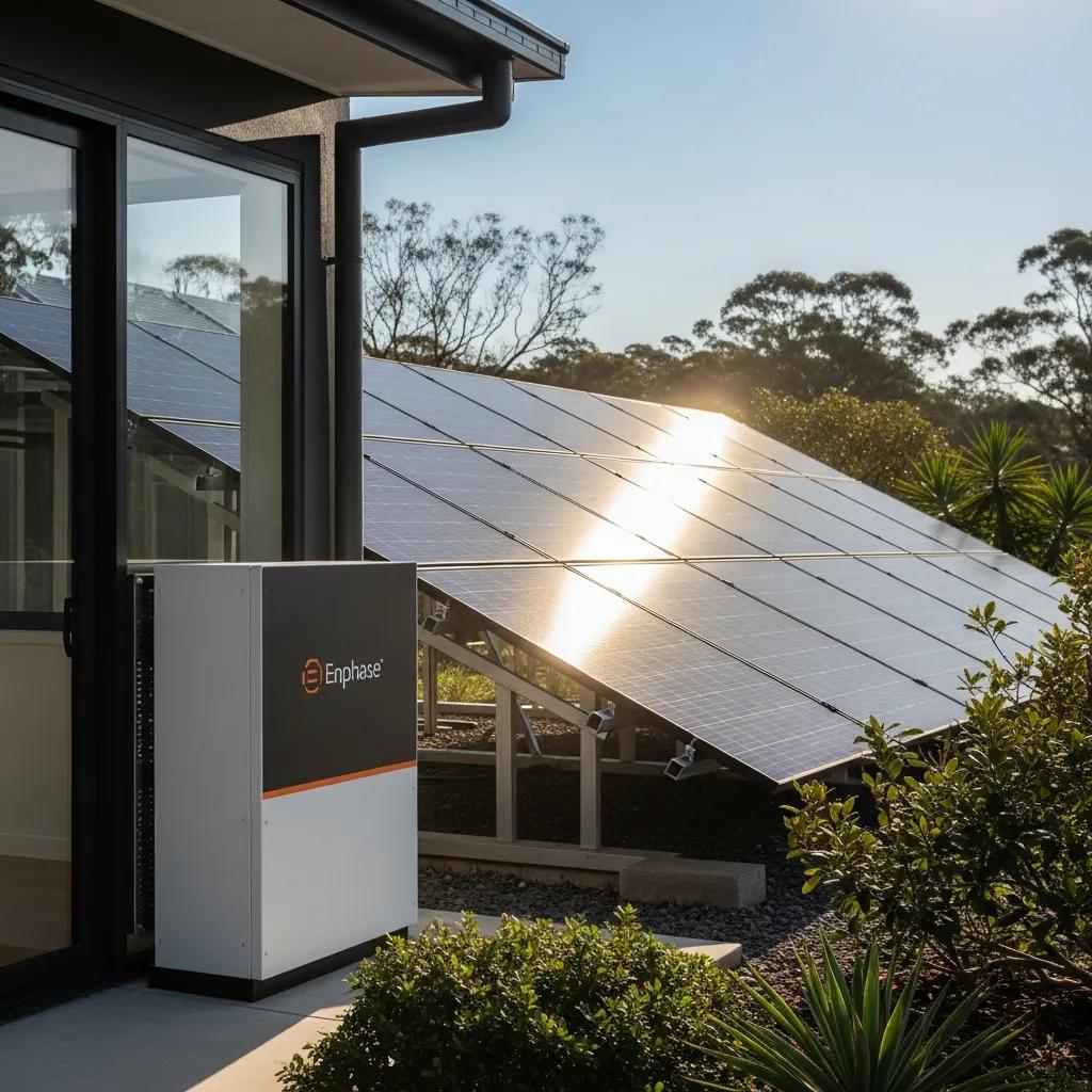 Modern home with Enphase battery storage system beside solar panels, emphasizing renewable energy solutions for enhanced efficiency and sustainability.