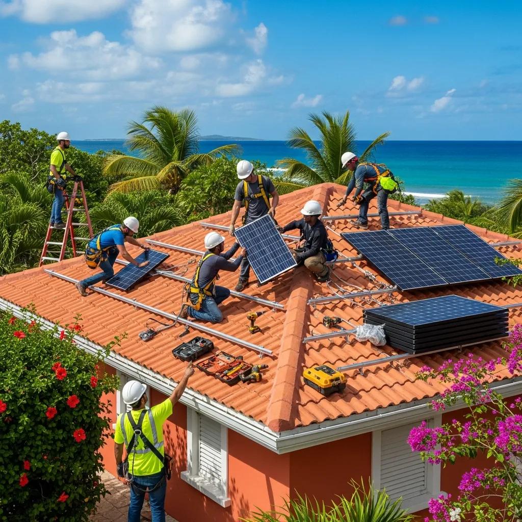 Team of professionals installing solar panels on a Caribbean home, showcasing the installation process