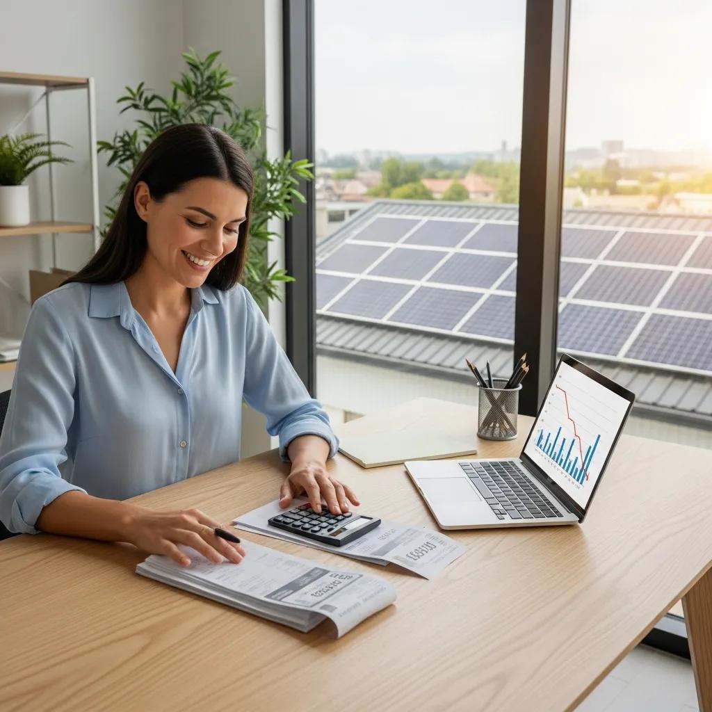 Business owner analyzing energy savings with solar panels in view, illustrating cost benefits