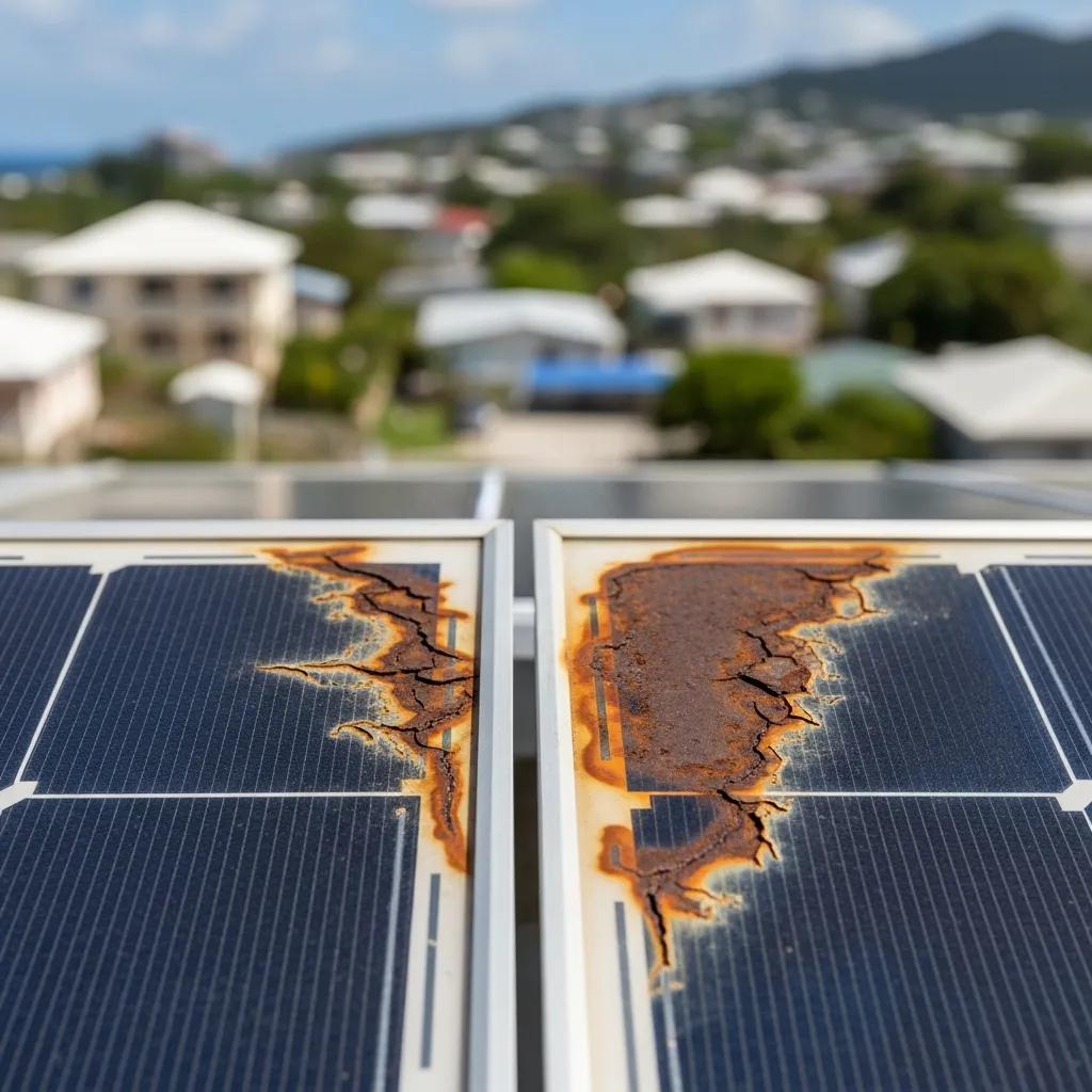 Close-up of damaged solar panels showing rust and cracks, indicating the need for repair and maintenance to optimize efficiency.