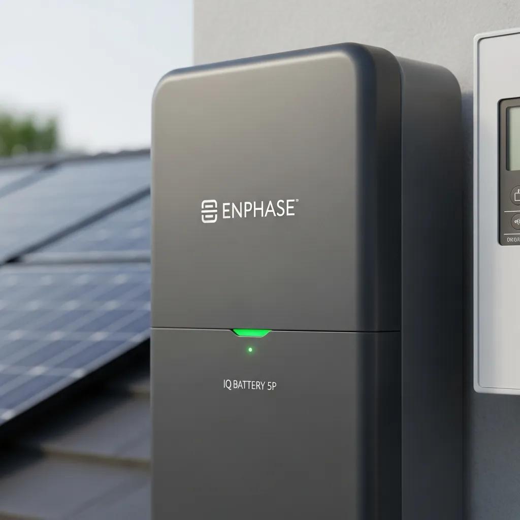 Close-up of Enphase IQ Battery 5P mounted on a wall next to a control panel, showcasing its sleek design and energy capacity, with solar panels visible in the background, emphasizing energy storage solutions for solar power in St. Thomas.