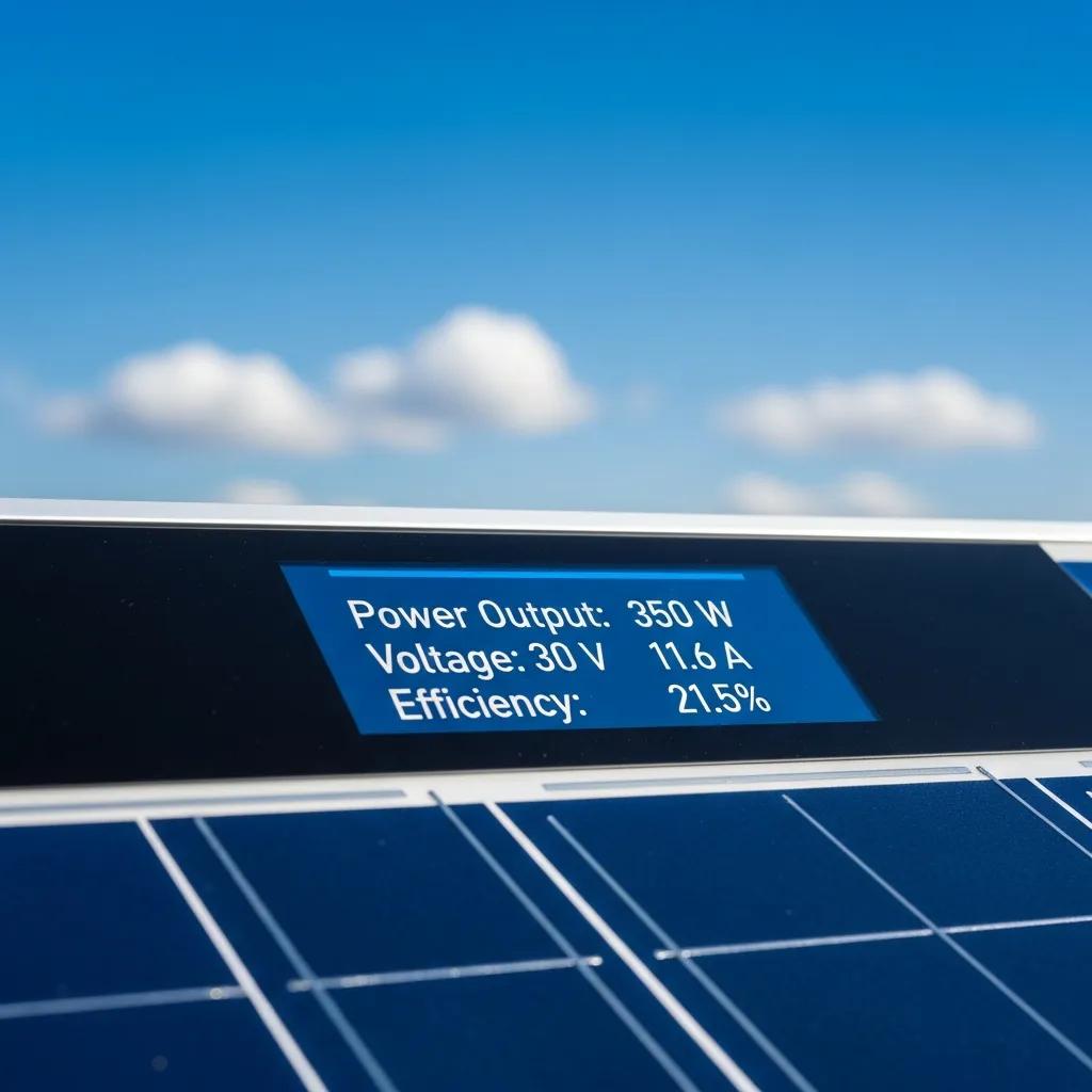 Close-up of solar panel with digital display showing performance metrics
