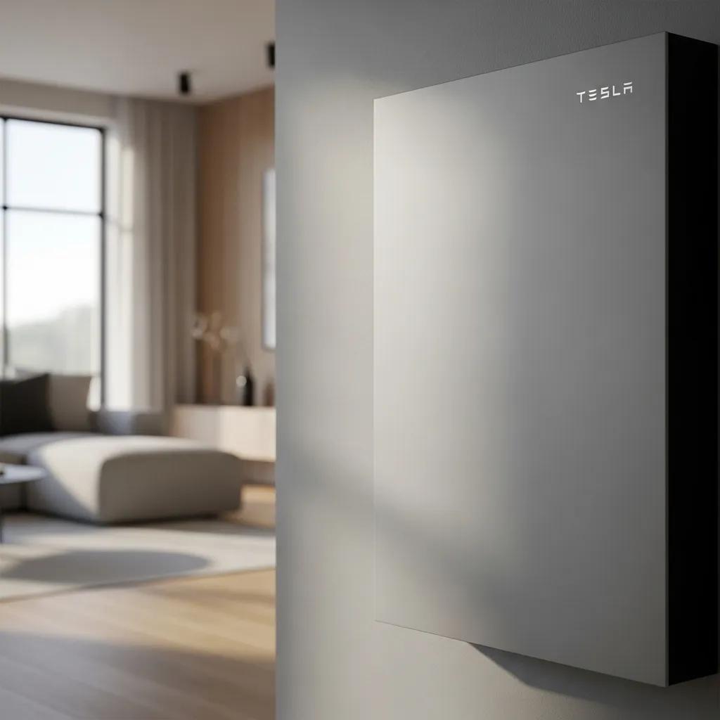 Tesla Powerwall mounted on wall in modern living space, showcasing sleek design and contemporary aesthetics, emphasizing energy storage for homeowners.