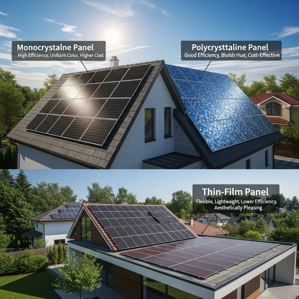 Different types of solar panels: monocrystalline, polycrystalline, and thin-film, showcasing solar technology options