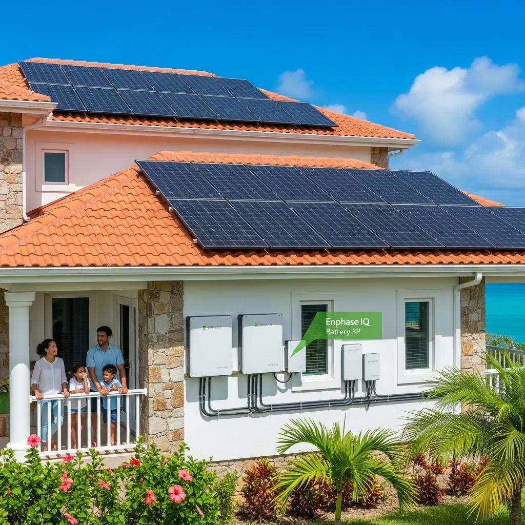 Caribbean home featuring Enphase solar panels and batteries, highlighting energy independence and efficiency, with a family on the porch enjoying the sunny environment.