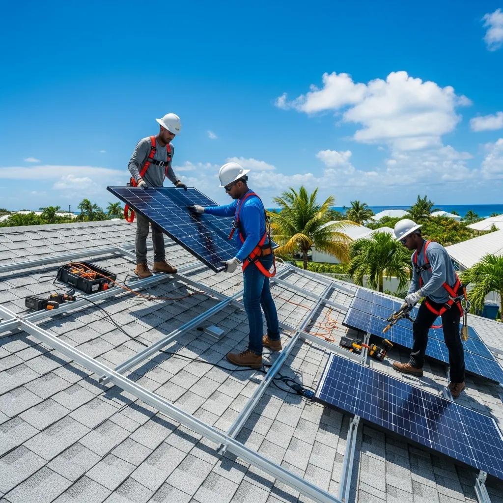 Installation team working on solar panels on a St. Croix home, showcasing the solar panel installation process with tools and equipment on the roof.