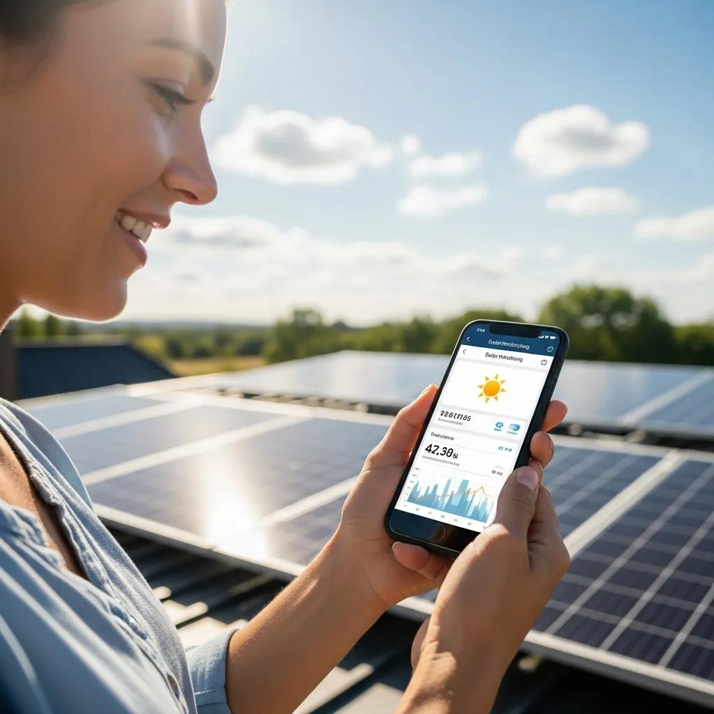 Person using solar monitoring app outdoors with solar panels in background