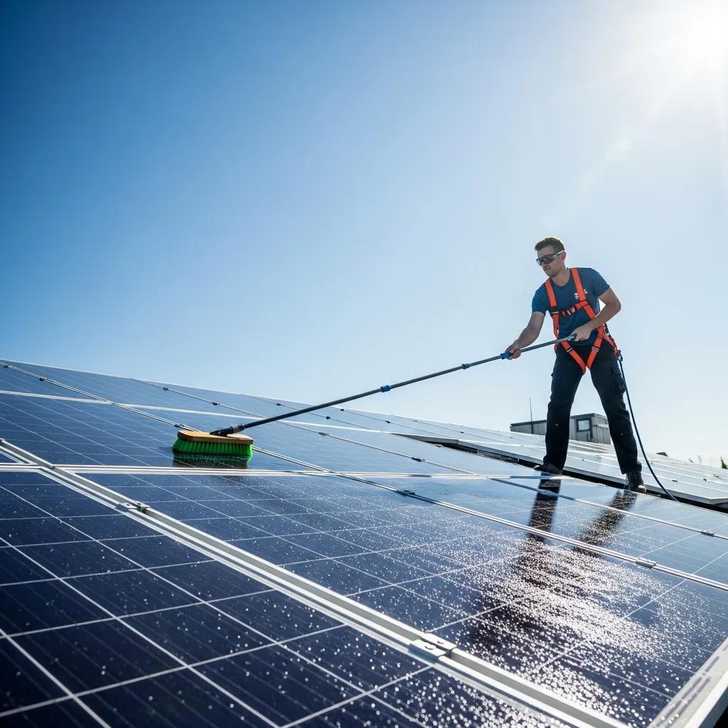 Man cleaning solar panels on a rooftop under bright sunlight, showcasing professional solar panel maintenance services.