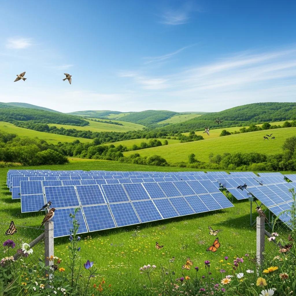 Solar farm in a green landscape, highlighting the environmental benefits of solar energy