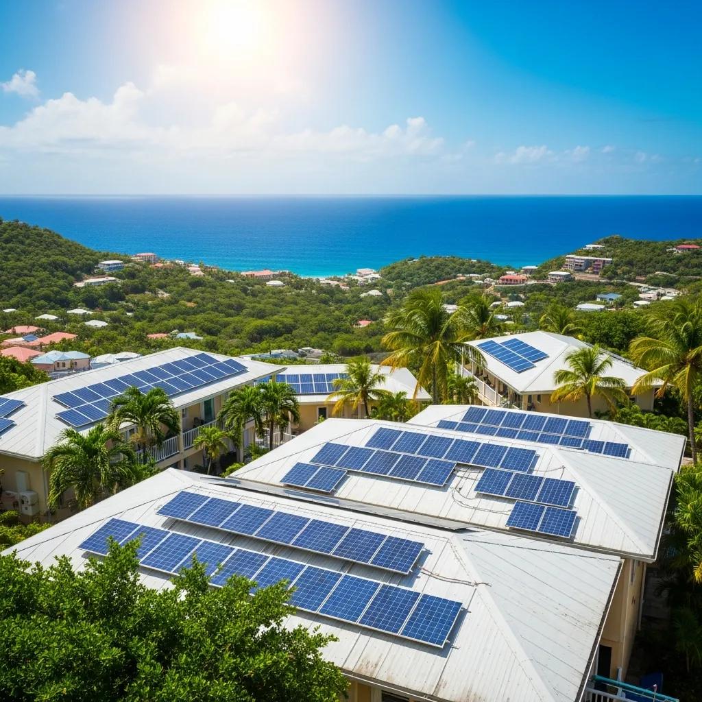 St. Croix landscape featuring solar panels on rooftops under bright sunlight, highlighting sustainable energy solutions by ProSolar Systems Caribbean.