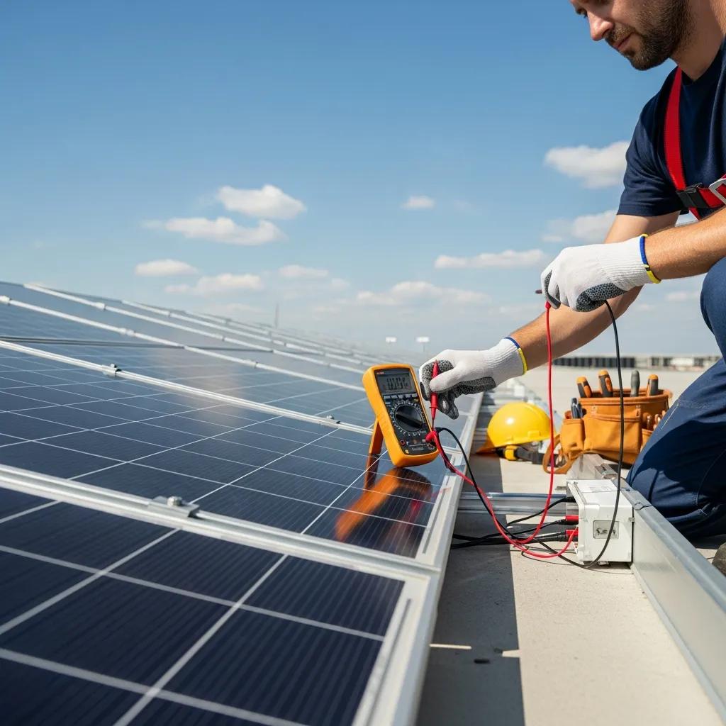 Technician inspecting solar panels with a multimeter on a rooftop, emphasizing solar panel maintenance and performance monitoring in the Caribbean.