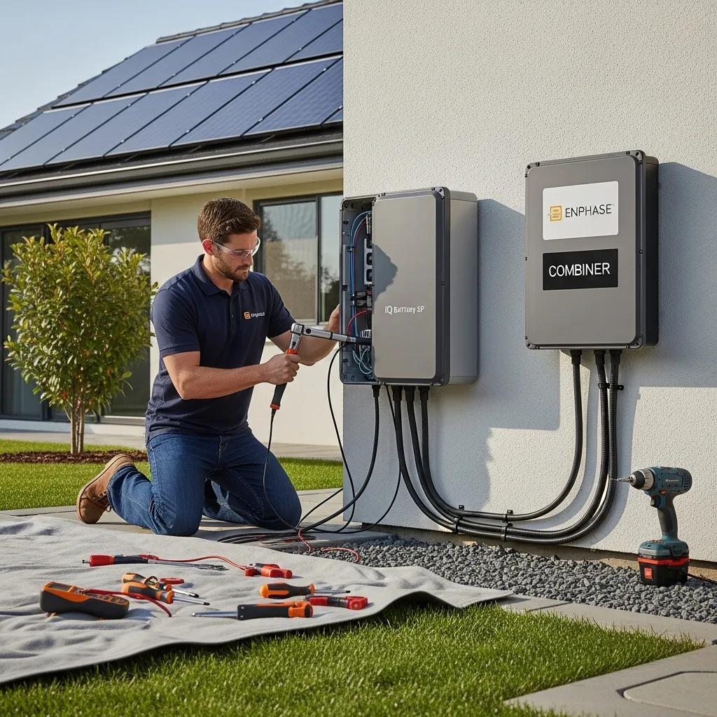 Technician installing Enphase battery system on residential wall, surrounded by tools, emphasizing professional installation for solar energy storage solutions.