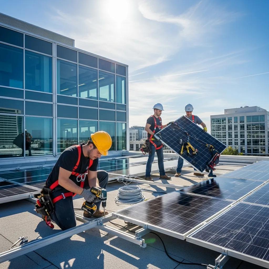 Technicians installing solar panels on a commercial building, illustrating the solar installation process