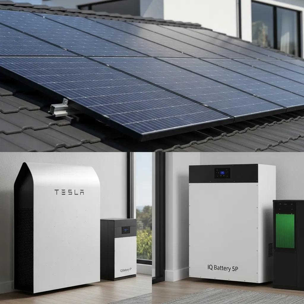 Tesla Powerwall and IQ Battery 5P showcased in a residential setting, highlighting solar energy solutions
